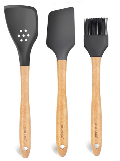 DOCOSS Pack Of 3 Wooden Spatula For Non Stick Pan / Silicone Spatula For Kitchen / Spatula For Cake / Spatulas For Cooking Spoon Set ,Baking Accessories (Black)