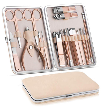DOCOSS-18 IN 1 Stainless Steel Professional Manicure Set Nail Cutter For Women Nail Scissors Grooming Kit Manicure Pedicure Kit For Women Nail Acne Remover needle, Blackhead Tool With Leather Case