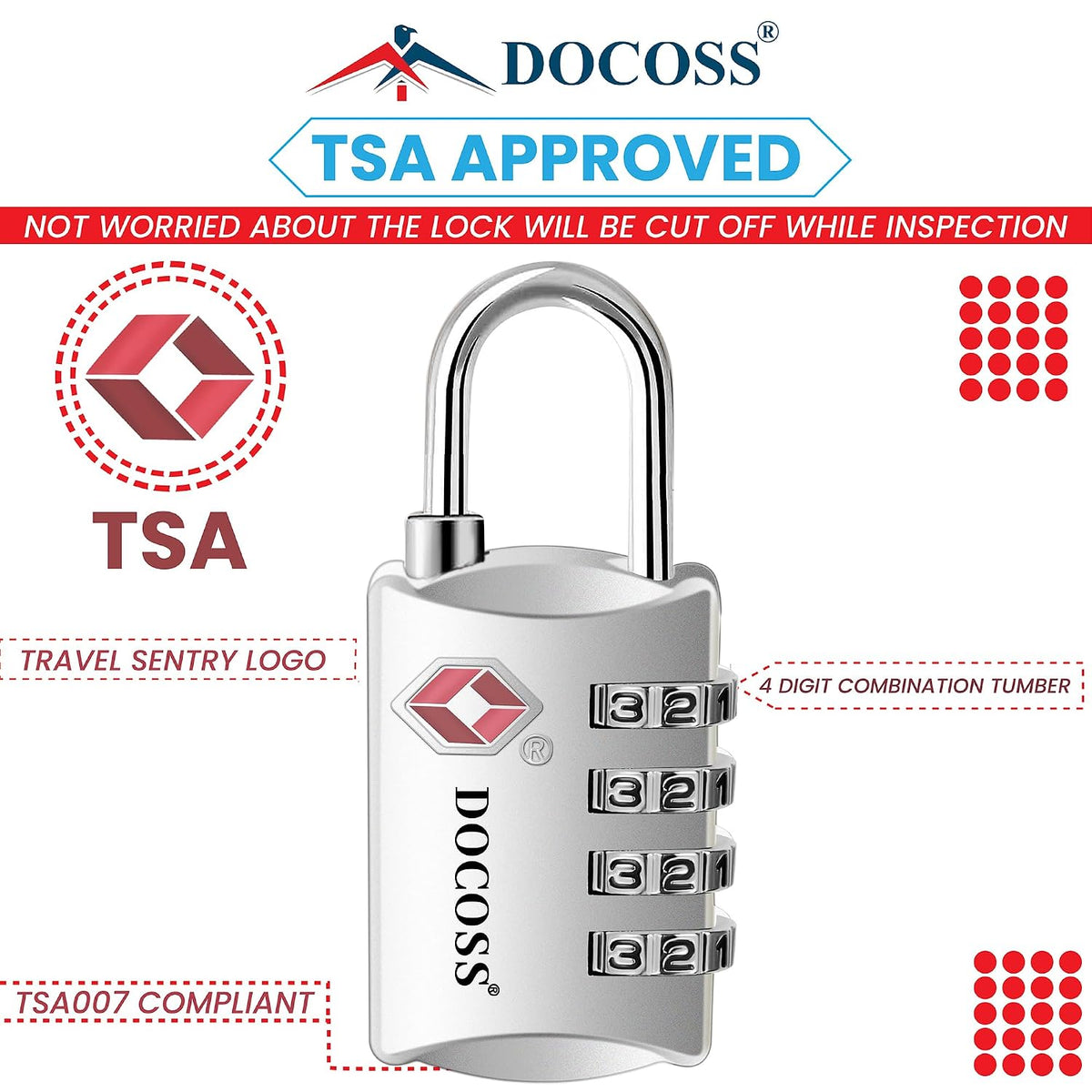 DOCOSS-Set of 2-309-Metal TSA Lock 4 Digit for Luggage Bag Number Password Travel Locks