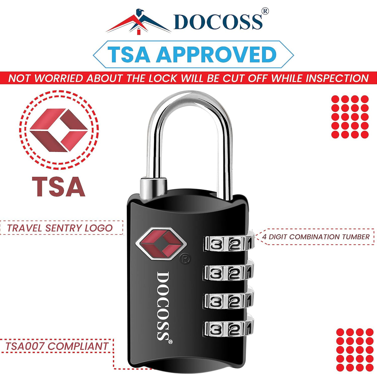 DOCOSS-Set of 2-309-Metal TSA Lock 4 Digit for Luggage Bag Number Password Travel Locks