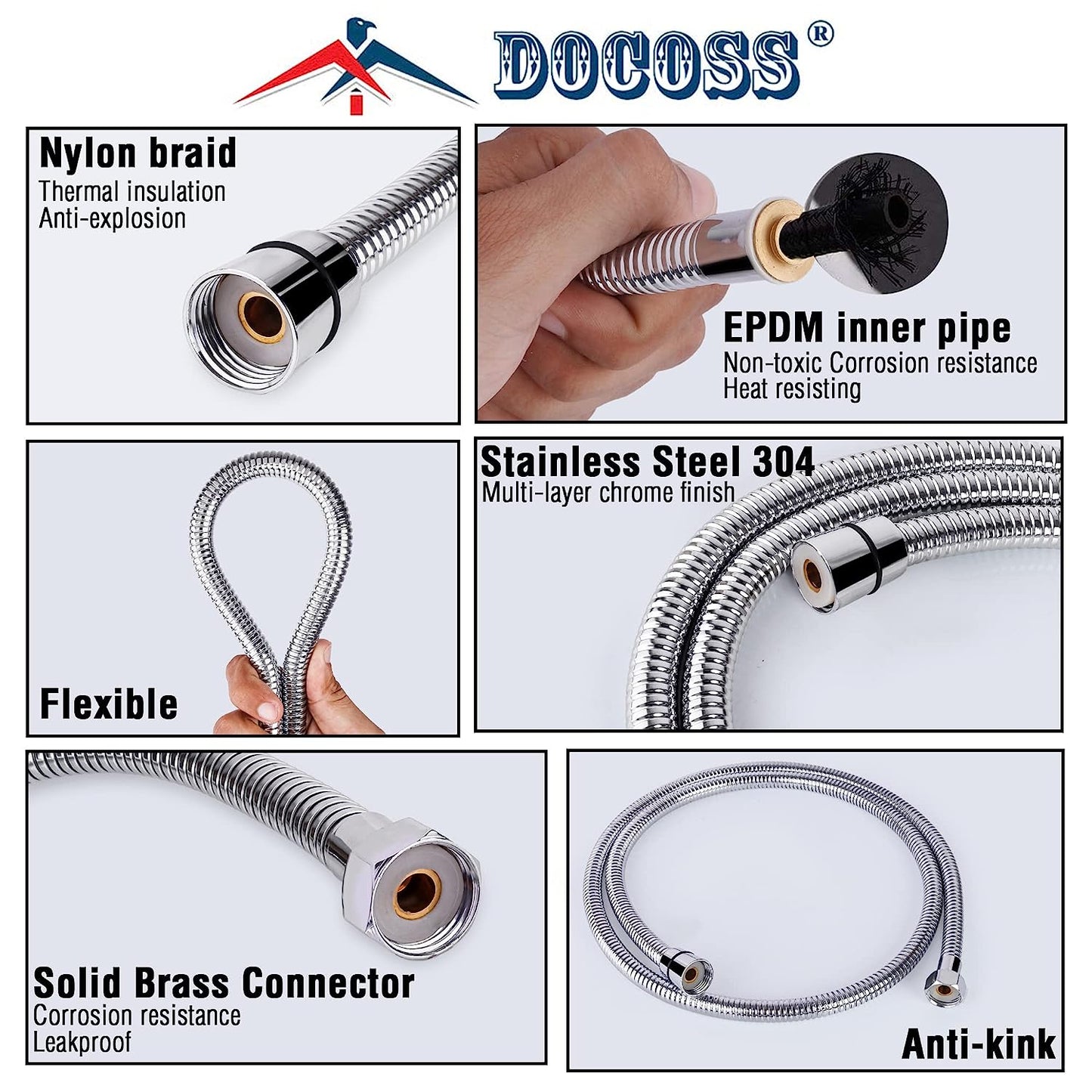 DOCOSS 304 Grade Stainless Steel Flexible Tube Shower Hose Pipe/ Hand Shower Tube / Health Faucet Pipe Jet Spray Tube (1.5 Meter, Chrome)