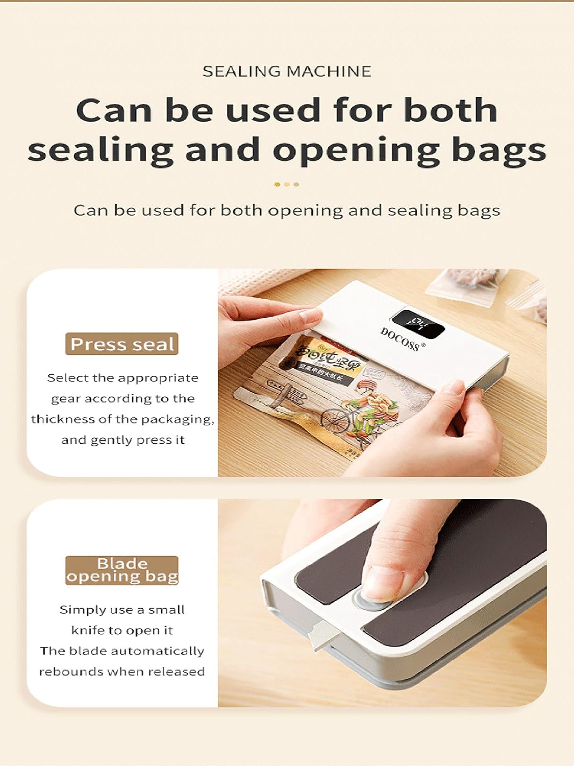 Docoss Rechargeable Mini Bag Sealer with Cutter & Power Display, Magnetic Mini Bag Sealer Fridge for Food Storage with 6 Adjustable modes, Portable Heat Sealing Machine for Kitchen Snacks