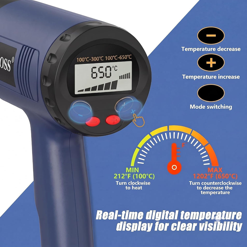 DOCOSS Heat Gun Machine 2000W with Digital LCD Display, Hot Air Gun Machine 60°C-600°C With Temperature Control, Heat Gun for Shrink Wrapping & Packing, Heat Blower Gun with Copper Motor