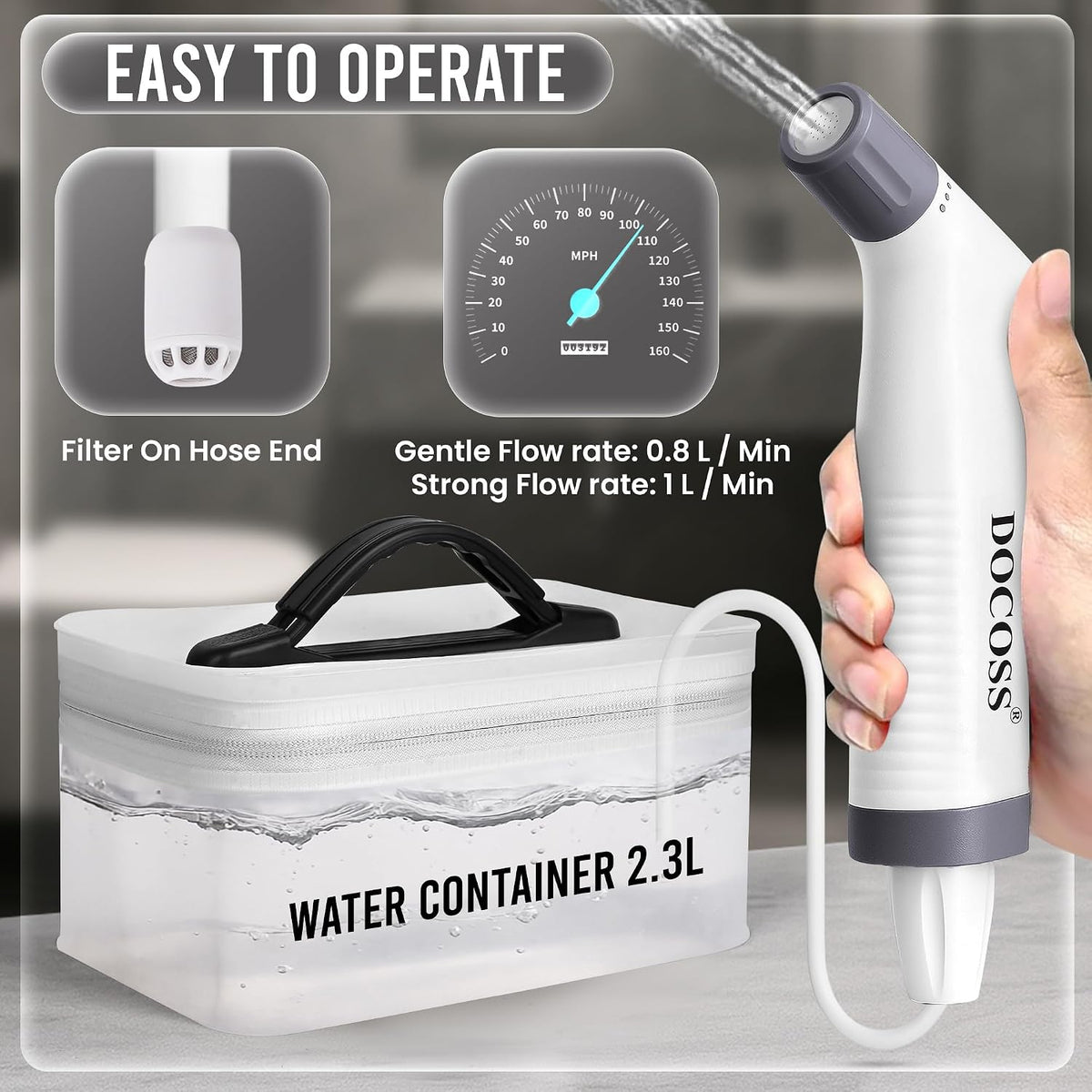 Docoss Electric Portable Jet Spray Bidet for Toilet for International Travel with 2.3L Water Tank – Rechargeable Portable Bidet Spray with 2 Modes(White)