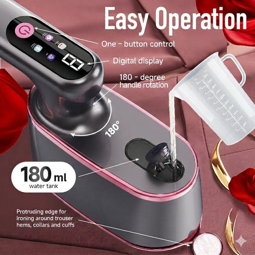 Docoss 2-in 1 Handheld Garment Steamer For Clothes, 1300 Watts Mini Steam Iron For Travel, Vertical & Horizontal with LCD Display|10s Fast Heating|180ML Water Tank Portable Travelling Steam Iron