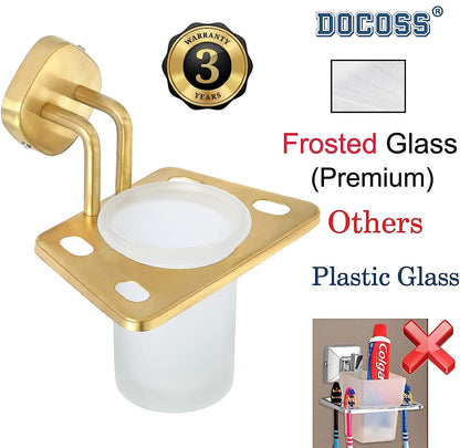 DOCOSS - PVD Coated Modern Glass Toothbrush Holder Wall Mounted (3 Years Warranty)Anti Rust Tumbler Holder Tooth Brush Stand Steel Brush Holder for Washbasin/Bathroom Accessories (Gold)