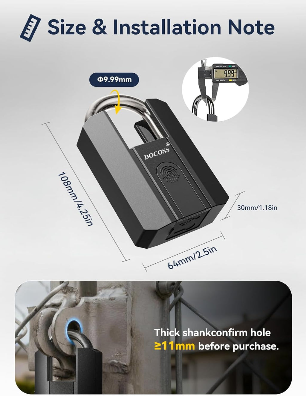 DOCOSS Fingerprint Door Lock, Heavy-Duty Smart Padlock, Fingerprint Lock with 3-Way Unlock (Fingerprint/App/2 Keys),USB Rechargeable, Waterproof Lock for Suitcase,Home, Office, Gym Locker, Gate