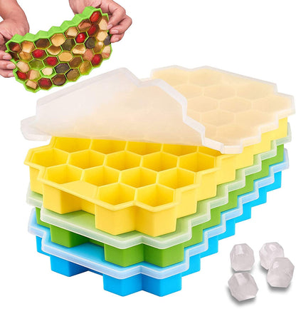 DOCOSS Pack Of 3 Silicone Ice Mold Premium Ice Cube Moulds Maker 37 Cavity Silicon Ice Tray For Freezer Ice Cube Trays with Lid (Multicolor)