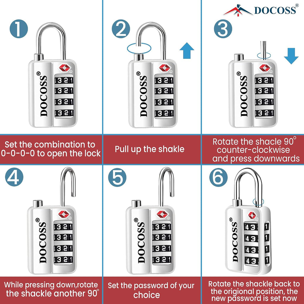 DOCOSS-Set of 2-116 Metal TSA Locks for Luggage, Number Lock for Bag 4 Digit Small Locks for Luggage TSA Lock Combination Password Locks for Travel (Black,Silver)