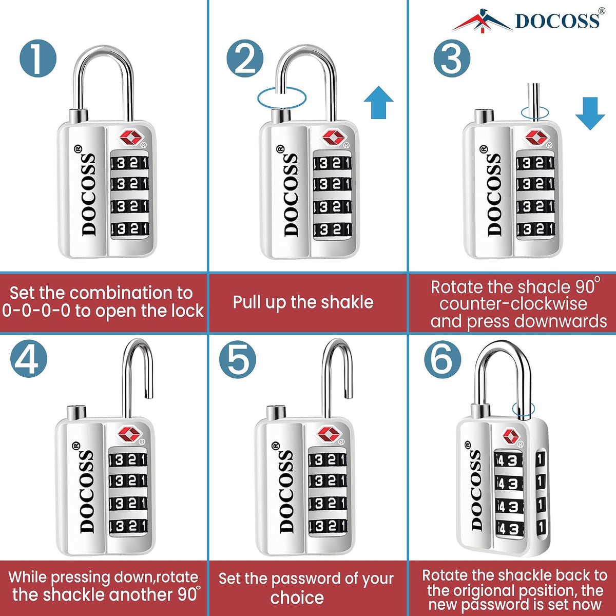 DOCOSS-Set of 2-116 Metal TSA Locks for Luggage, Number Lock for Bag 4 Digit Small Locks for Luggage TSA Lock Combination Password Locks for Travel (Black,Silver)