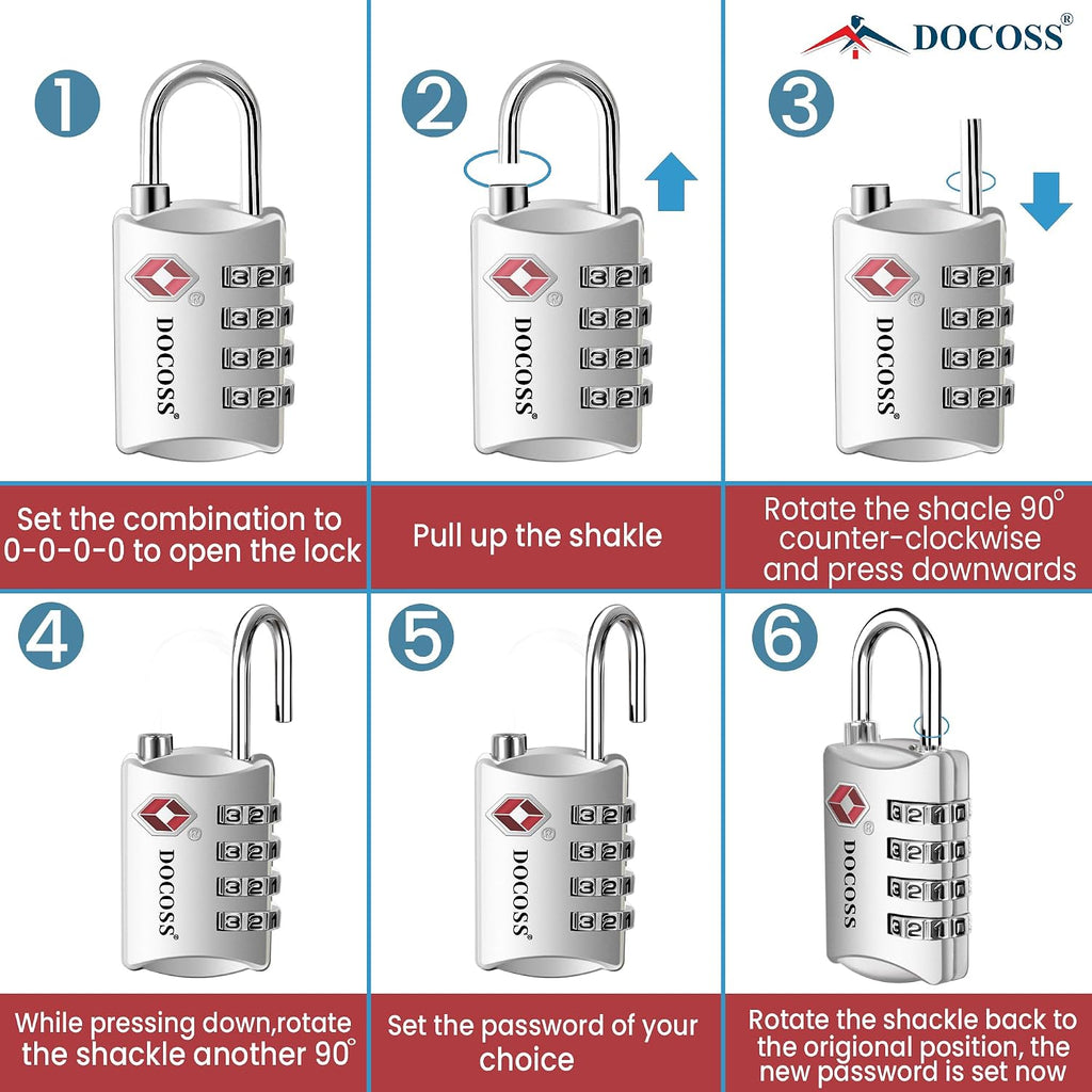 DOCOSS-Set of 2-309-Metal TSA Lock 4 Digit for Luggage Bag International Number Password Travel Locks