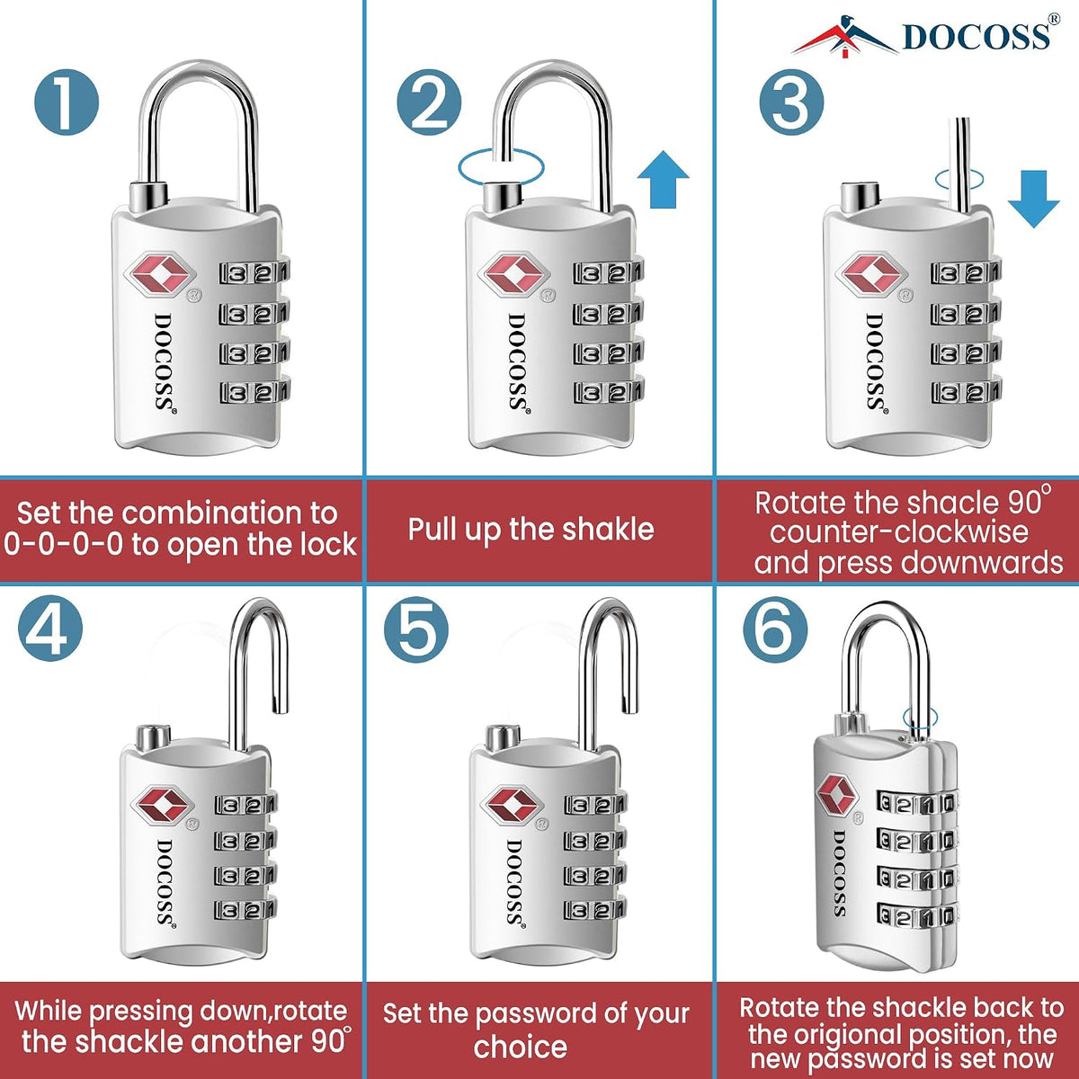 DOCOSS-Set of 2-309-Metal TSA Lock 4 Digit for Luggage Bag International Number Password Travel Locks