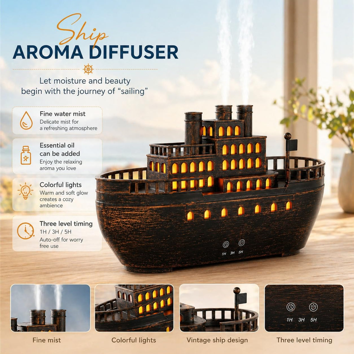 Docoss Titanic Ship Aroma Diffuser for Home Electric with Remote | Essential Oil Diffuser for Home & Bedroom,Ultrasonic Humidifier with 7 LED Warm Lights & Quiet Operation,Electric Diffuser for Room