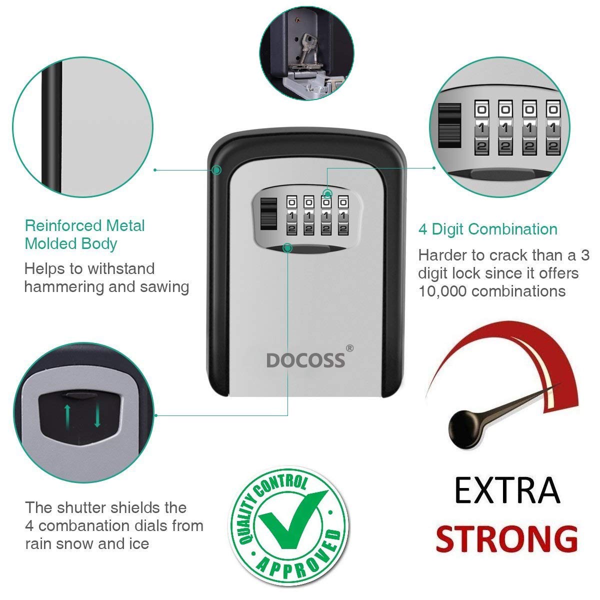DOCOSS - Metal Key Safe Combination Storage Box Outdoor Wall Mounted with Code Password Security Lock for House Outdoor(Black,Grey)