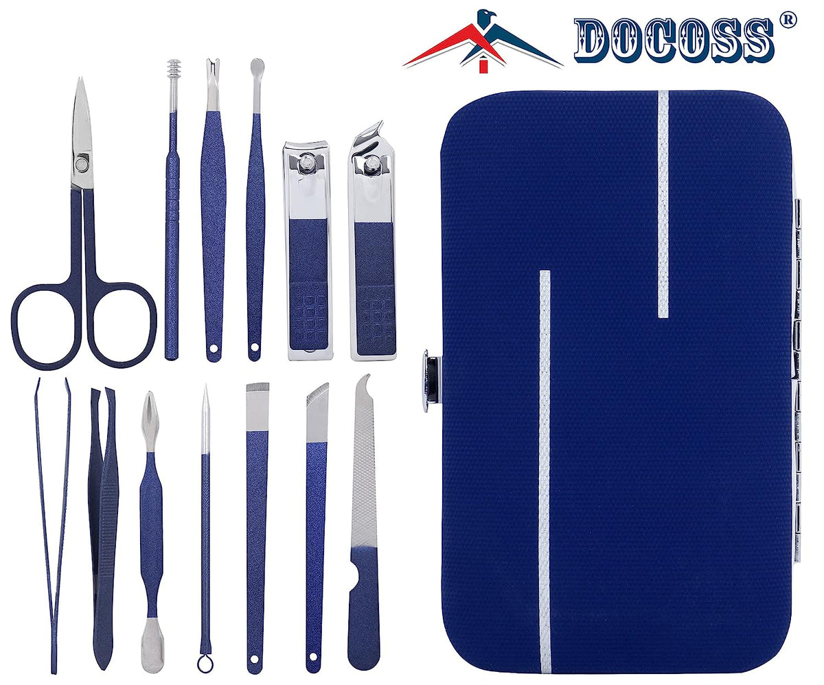 DOCOSS-12 IN 1 Manicure Set Pedicure Stainless Steel Proffesional Nail Cutter Nail Scissors Grooming Kit with Peeling Knife, Nail Cleaning Knife, Acne needle, Blackhead Tool With Leather Travel Case