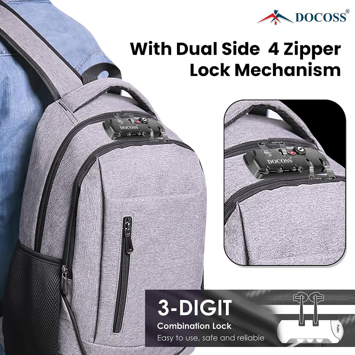 DOCOSS -TSA Locks for Luggage,Suitcase Trolley Bag Lock,4 Chain Zippers Locks,Number Lock for Bag,Combination Lock for Travel (Black)