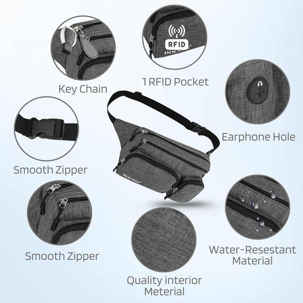 DOCOSS-Fanny Pack for Men,Women,Waterproof Waist Bag,1 RFID Safe Pocket,Premium Stitching & Zippers Travel Side Bag for Men,Women -Belt Bag with Extra Extendable Belt for Travelling
