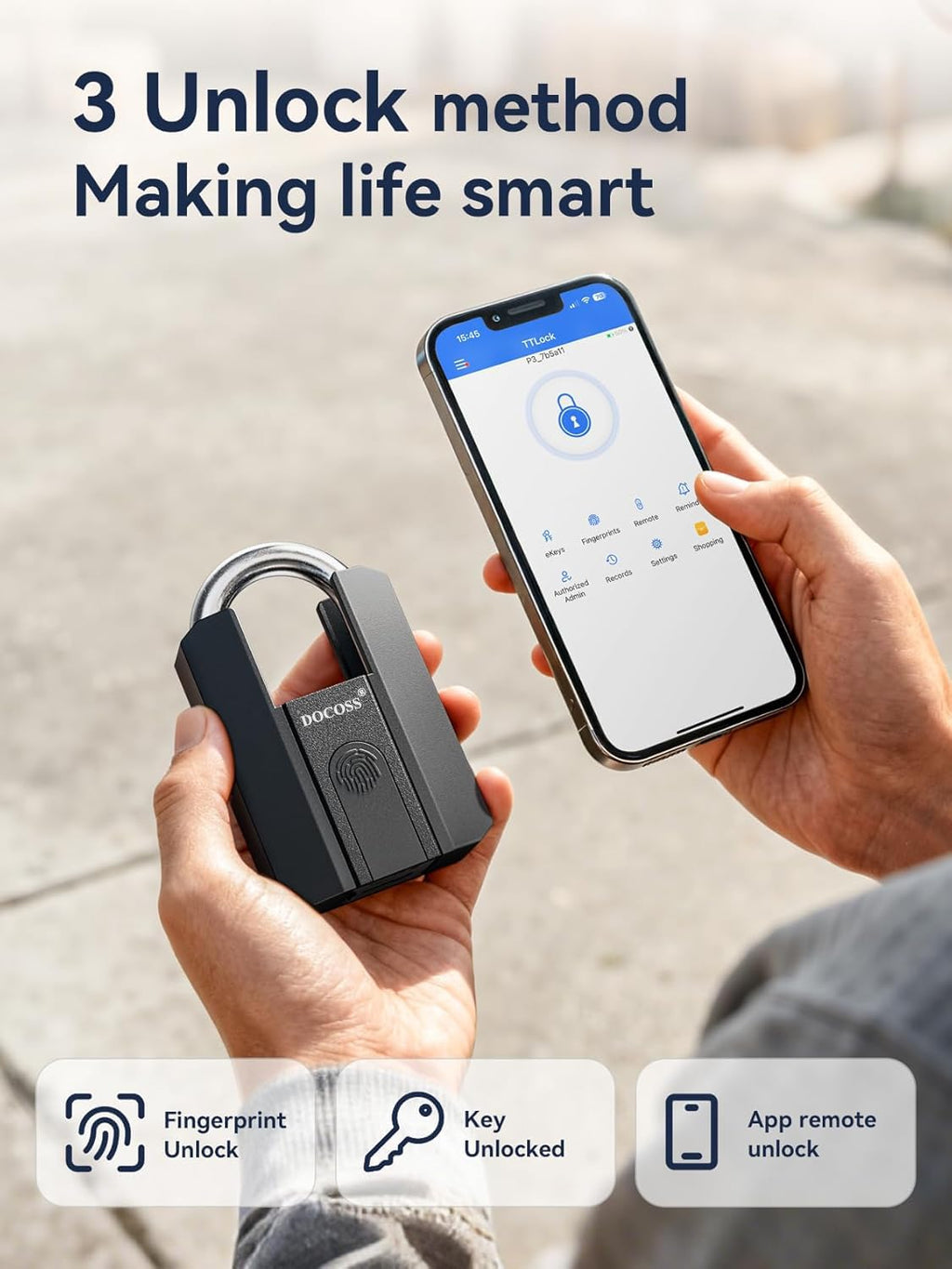 DOCOSS Fingerprint Door Lock, Heavy-Duty Smart Padlock, Fingerprint Lock with 3-Way Unlock (Fingerprint/App/2 Keys),USB Rechargeable, Waterproof Lock for Suitcase,Home, Office, Gym Locker, Gate