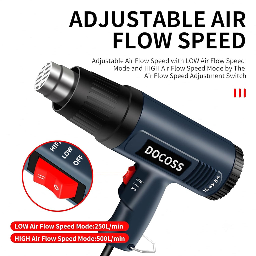 DOCOSS Heat Gun Machine 2000W with Digital LCD Display, Hot Air Gun Machine 60°C-600°C With Temperature Control, Heat Gun for Shrink Wrapping & Packing, Heat Blower Gun with Copper Motor