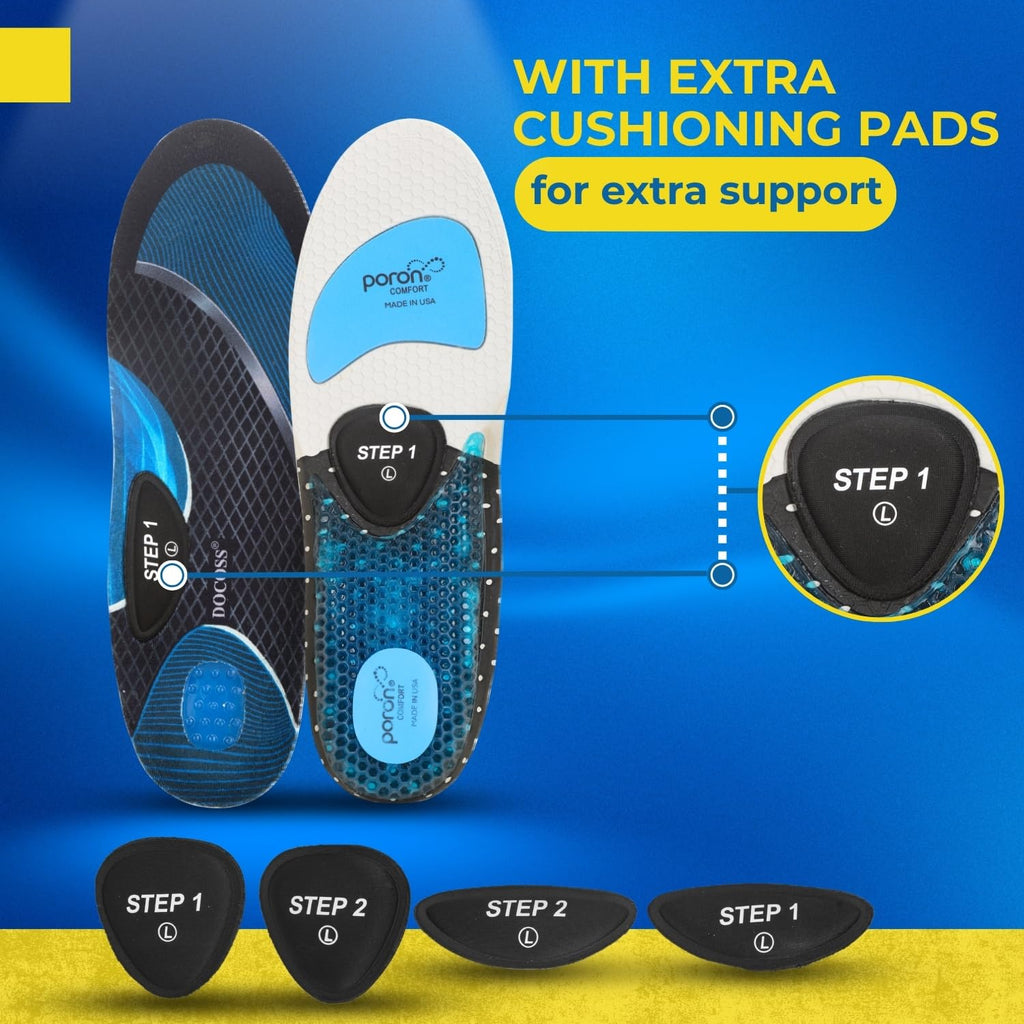 DOCOSS x Poron USA-Made Gel Insoles for Men & Women offer superior comfort with a patented dual-gel design, medial arch support for flat feet, and shock absorption. Ideal for loose shoes, replacement inserts, and everyday foot pain relief.