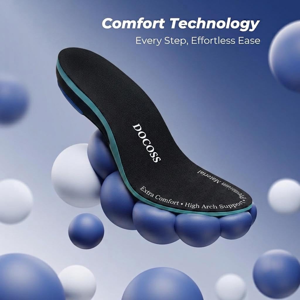 DOCOSS x Poron (USA Make) Rigid High Arch Support Insole for Flat Feet, Shoes insoles for Men & Women with Extra Comfort & Patented Dual Gel Design, Comfortable Insole for Flat Foot