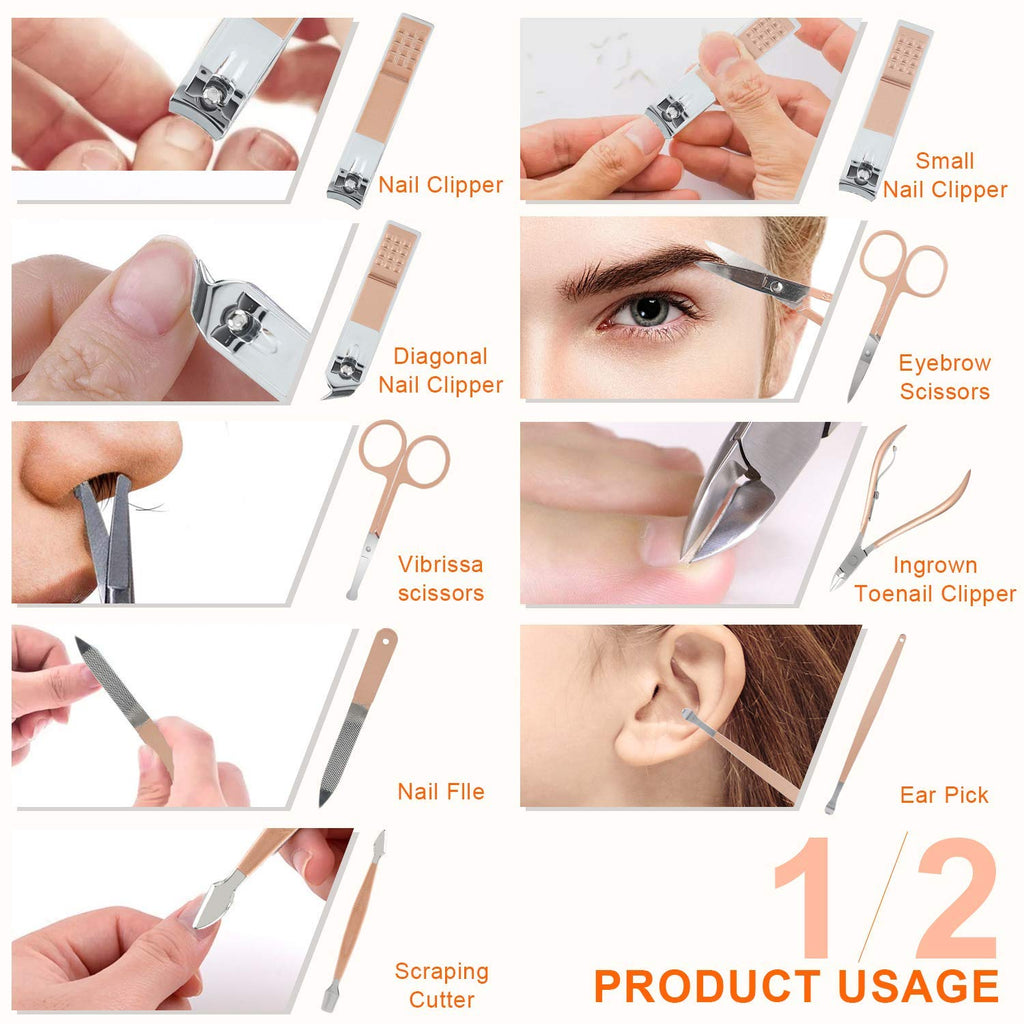 DOCOSS-18 IN 1 Stainless Steel Professional Manicure Set Nail Cutter For Women Nail Scissors Grooming Kit Manicure Pedicure Kit For Women Nail Acne Remover needle, Blackhead Tool With Leather Case