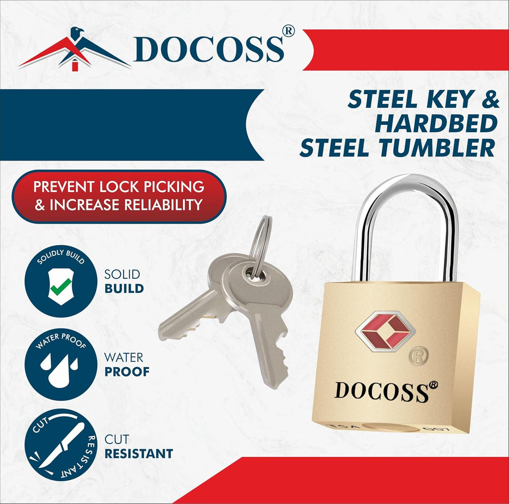 DOCOSS Pack of 2 Small Brass Lock TSA Locks with 2 Keys for Luggage with Keys,Travelling Locks Padlock(Gold)