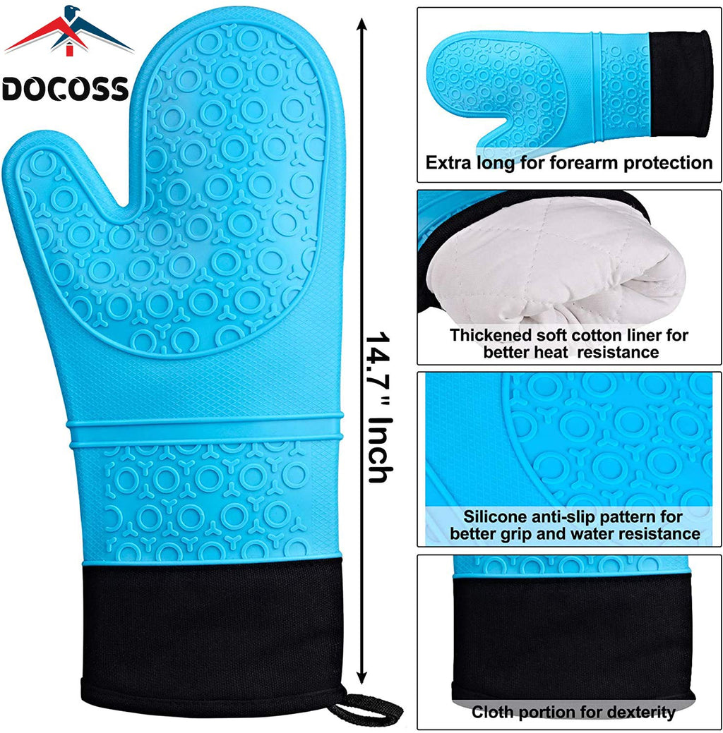DOCOSS Large Silicone Oven Mitts Cotten Quilted Silicone Heat Proof Kitchen Oven Gloves for Baking 37.3 x 18.3 cms, 2 pc Set, Blue