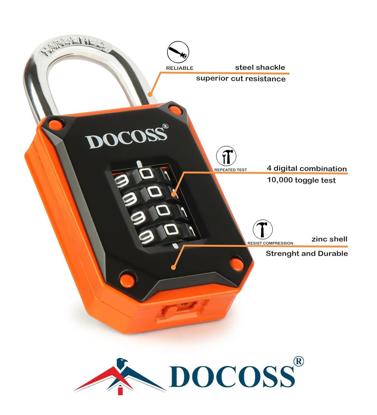 DOCOSS Zinc Strong Number Lock for Door/Combination Padlock, Gate, Gym Locker - Orange Black