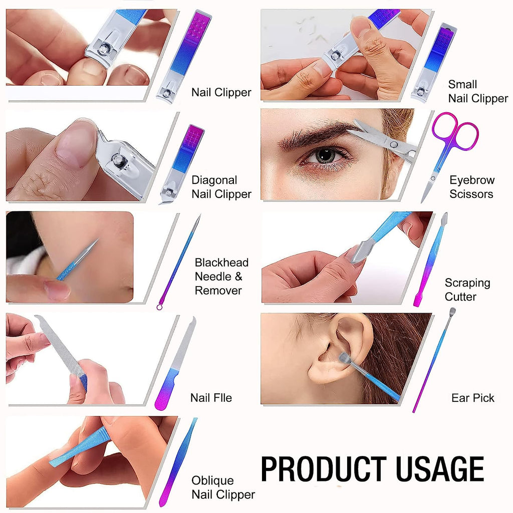DOCOSS-12 IN 1 Stainless Steel Proffesional Manicure Pedicure Set Nail Cutter ,Scissors Grooming Kit with Peeling Knife, Nail Cleaning Knife, Acne needle, Blackhead Tool With Leather Travel Case