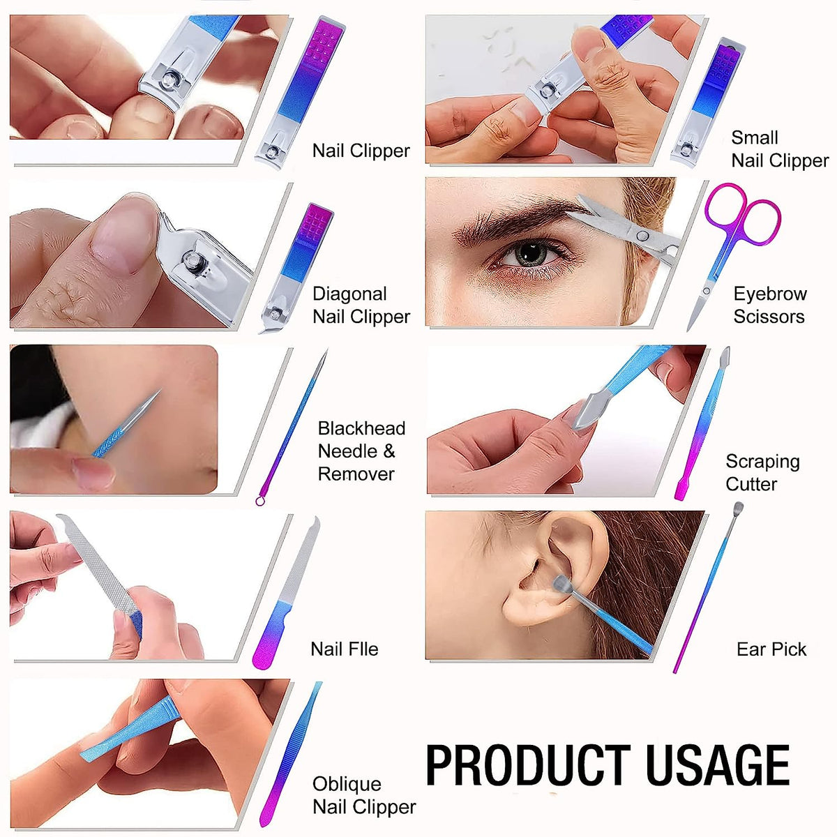 DOCOSS-12 IN 1 Stainless Steel Proffesional Manicure Pedicure Set Nail Cutter ,Scissors Grooming Kit with Peeling Knife, Nail Cleaning Knife, Acne needle, Blackhead Tool With Leather Travel Case