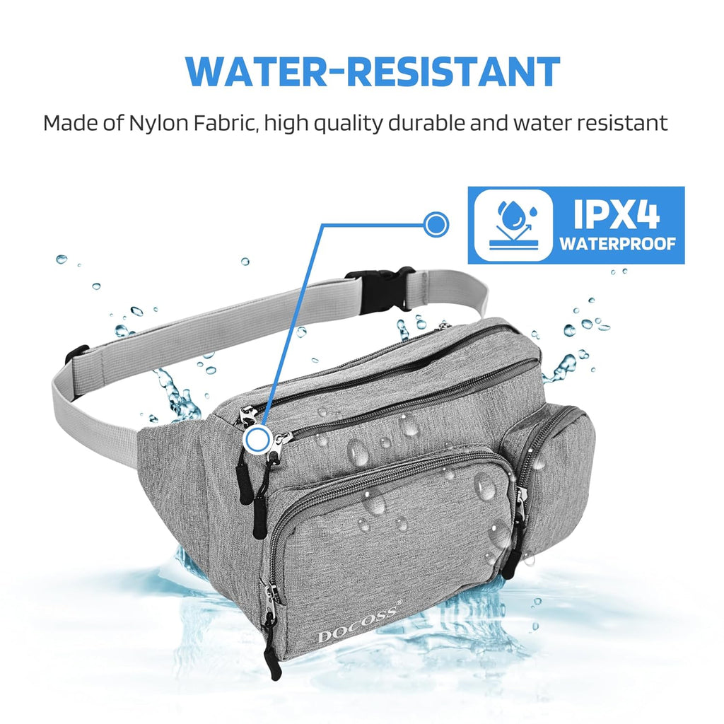 DOCOSS-Fanny Pack for Men,Women,Waterproof Waist Bag,1 RFID Safe Pocket,Premium Stitching & Zippers Travel Side Bag for Men,Women -Belt Bag with Extra Extendable Belt for Travelling
