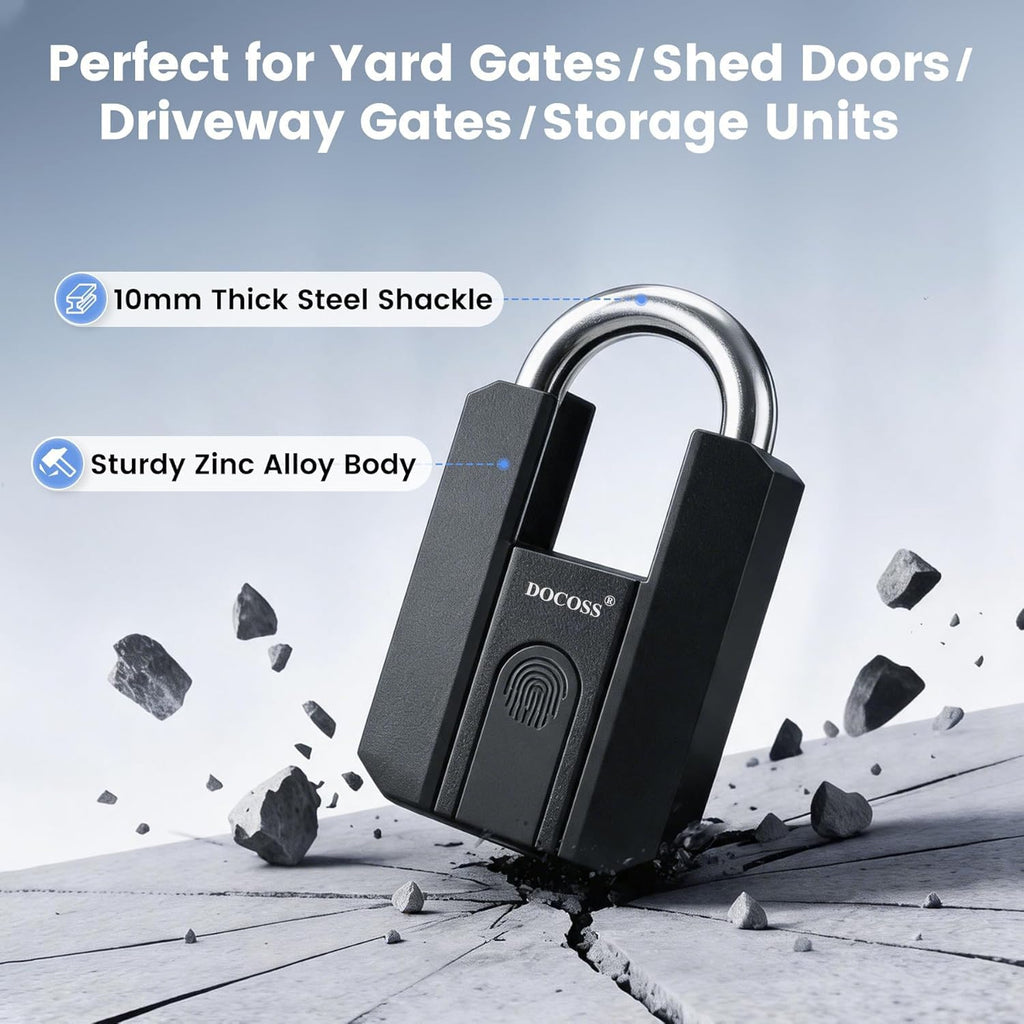DOCOSS Fingerprint Door Lock, Heavy-Duty Smart Padlock, Fingerprint Lock with 3-Way Unlock (Fingerprint/App/2 Keys),USB Rechargeable, Waterproof Lock for Suitcase,Home, Office, Gym Locker, Gate