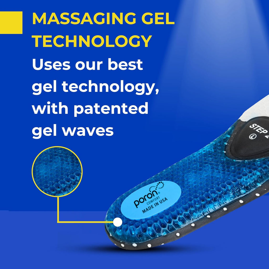 DOCOSS x Poron USA-Made Gel Insoles for Men & Women offer superior comfort with a patented dual-gel design, medial arch support for flat feet, and shock absorption. Ideal for loose shoes, replacement inserts, and everyday foot pain relief.