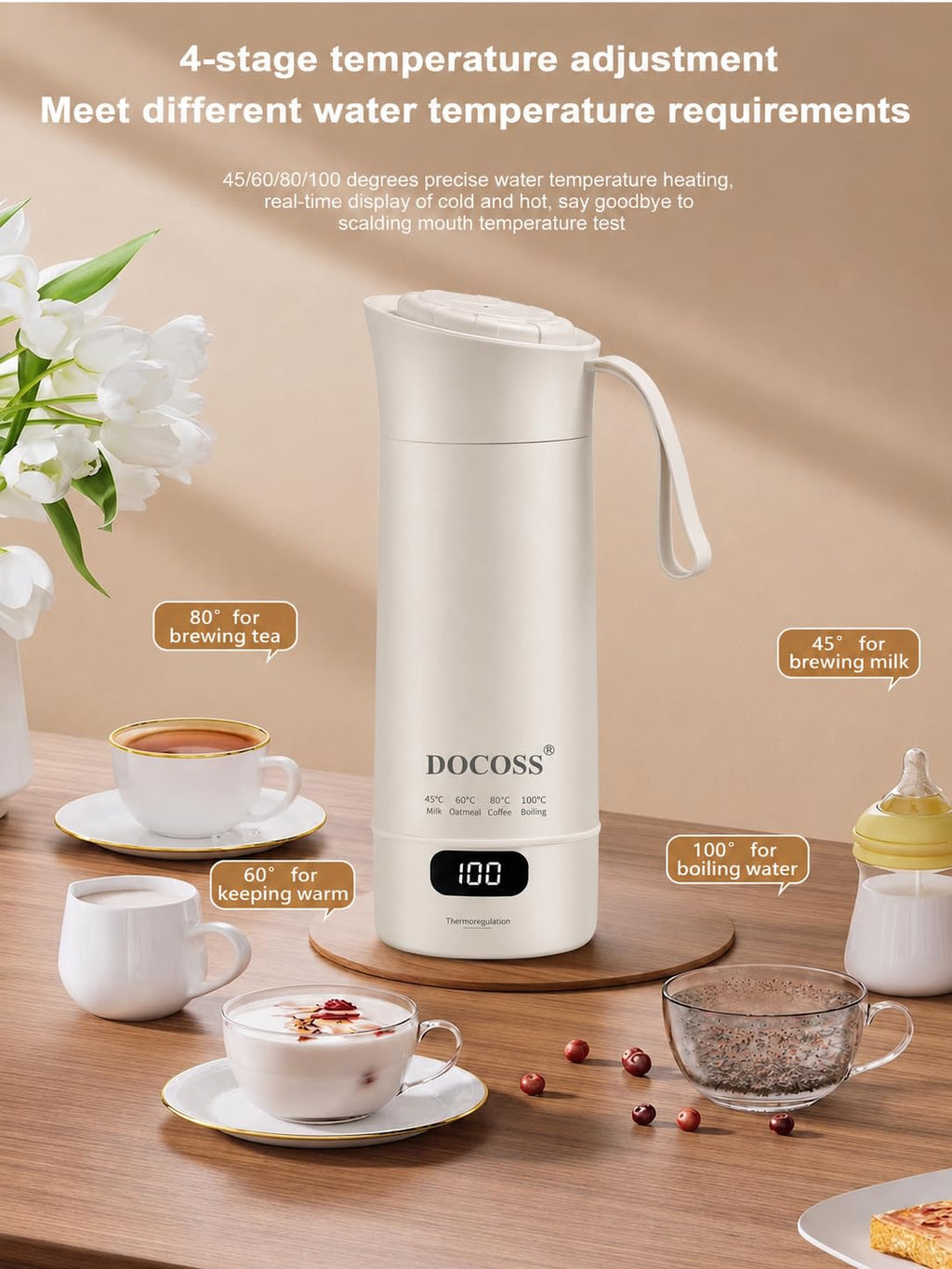DOCOSS Portable Electric Kettle 400ml | Small Electric Water Bottle with Variable Temperature Control,Digital Display,Stainless Steel| Multipurpose Hot Water Travel Kettle/Baby Milk Warmer