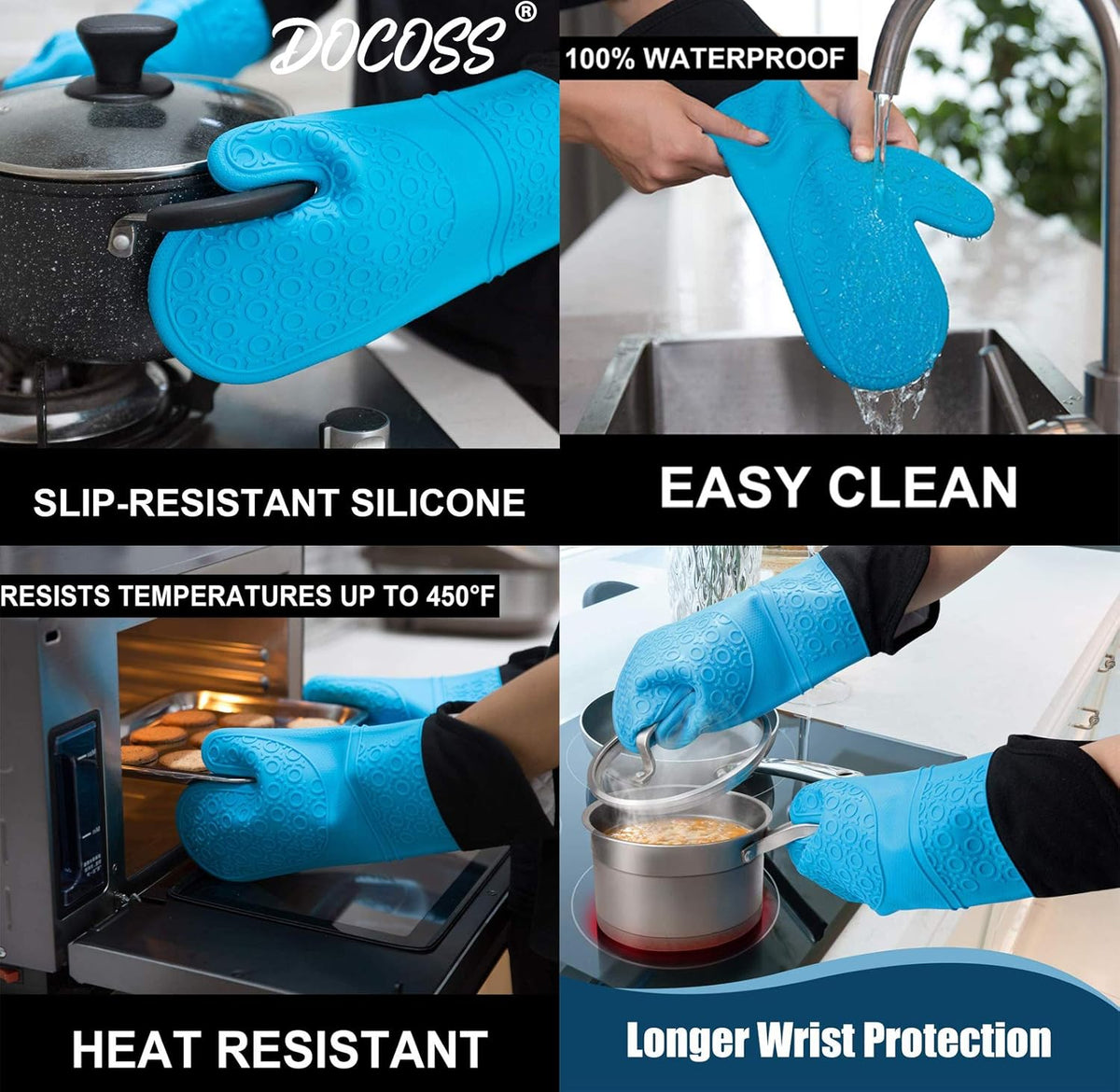 DOCOSS Large Silicone Oven Mitts Cotten Quilted Silicone Heat Proof Kitchen Oven Gloves for Baking 37.3 x 18.3 cms, 2 pc Set, Blue