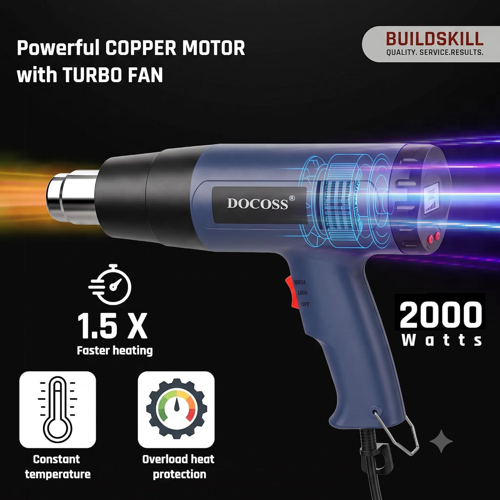 DOCOSS Heat Gun Machine 2000W with Digital LCD Display, Hot Air Gun Machine 60°C-600°C With Temperature Control, Heat Gun for Shrink Wrapping & Packing, Heat Blower Gun with Copper Motor