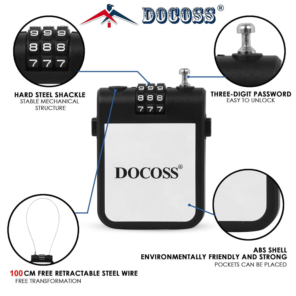 DOCOSS Extendable Cable Password Number Lock for Bike Helmet,Bag,Luggage Locks,Pack of 1, Black