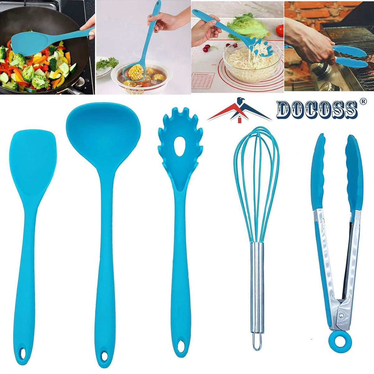 DOCOSS Pack of 10 Non Stick Spatula Set/Cooking Spoon Set/Silicone Spatulas for Cooking/Stainless Steel Core nonstick Spatula Set for Kitchen & Baking