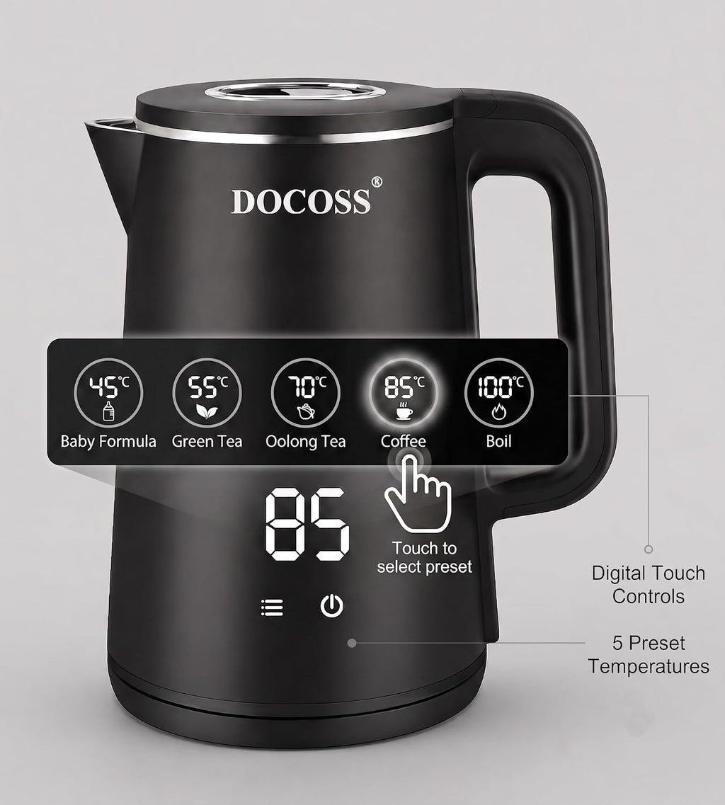 DOCOSS Electric Kettle for Hot Water, 1.8L Multipurpose Kettle with 5 Preset Modes & Digital Touch Display, 1800W Hot water Kettle with Auto Shutoff and 360° Swivel Base