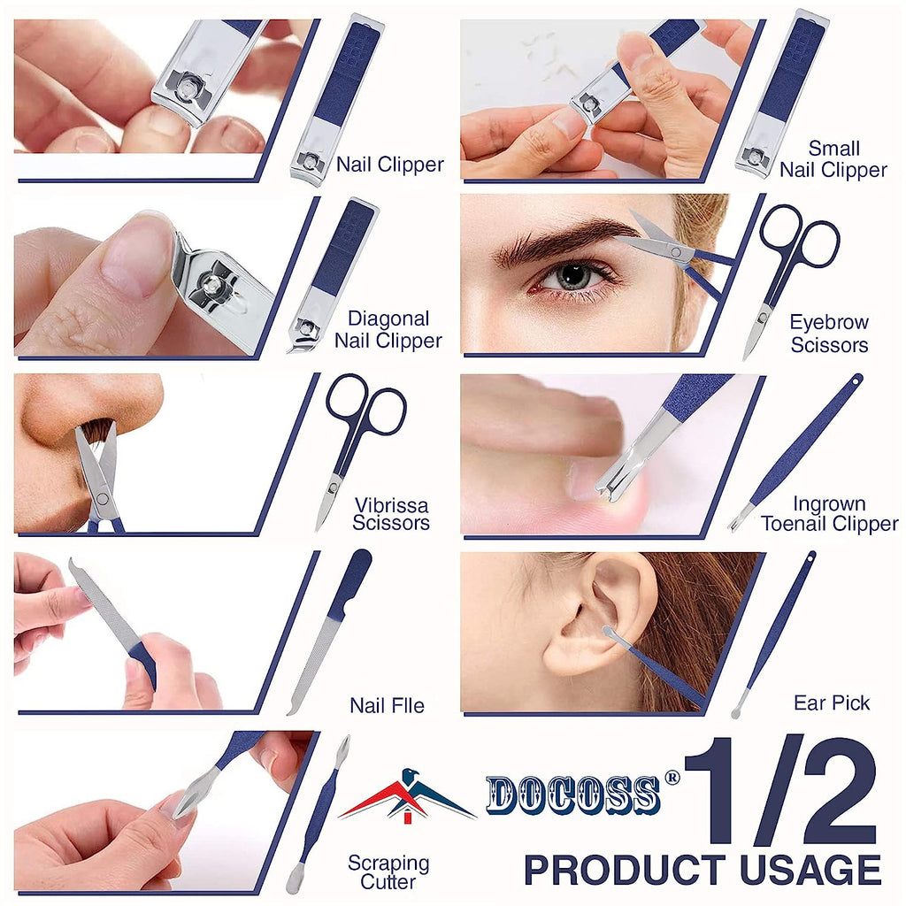 DOCOSS-12 IN 1 Manicure Set Pedicure Stainless Steel Proffesional Nail Cutter Nail Scissors Grooming Kit with Peeling Knife, Nail Cleaning Knife, Acne needle, Blackhead Tool With Leather Travel Case