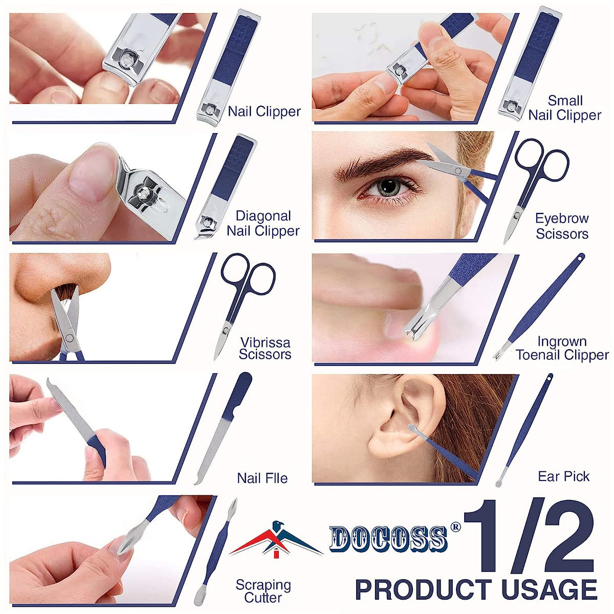 DOCOSS-12 IN 1 Manicure Set Pedicure Stainless Steel Proffesional Nail Cutter Nail Scissors Grooming Kit with Peeling Knife, Nail Cleaning Knife, Acne needle, Blackhead Tool With Leather Travel Case