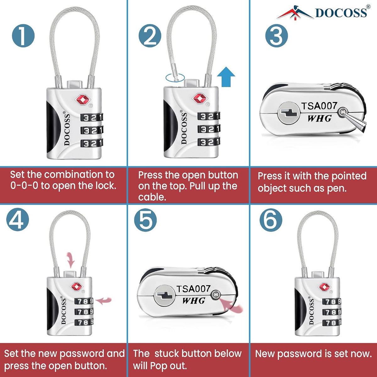 DOCOSS-Set of 2- Metal Cable TSA Locks for Luggage, Number Lock for Bag 4 Digit Small Locks for Luggage TSA Lock Combination Password Locks for Travel