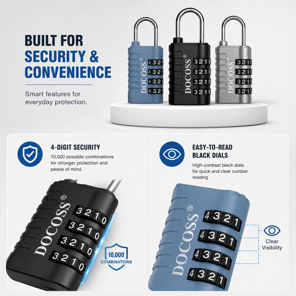 DOCOSS Metal 4 Digit Combination Number Lock for Luggage Bag,Water-Resistant & Hardened Shackle,Pack of 3 (Black,Silver, Blue)