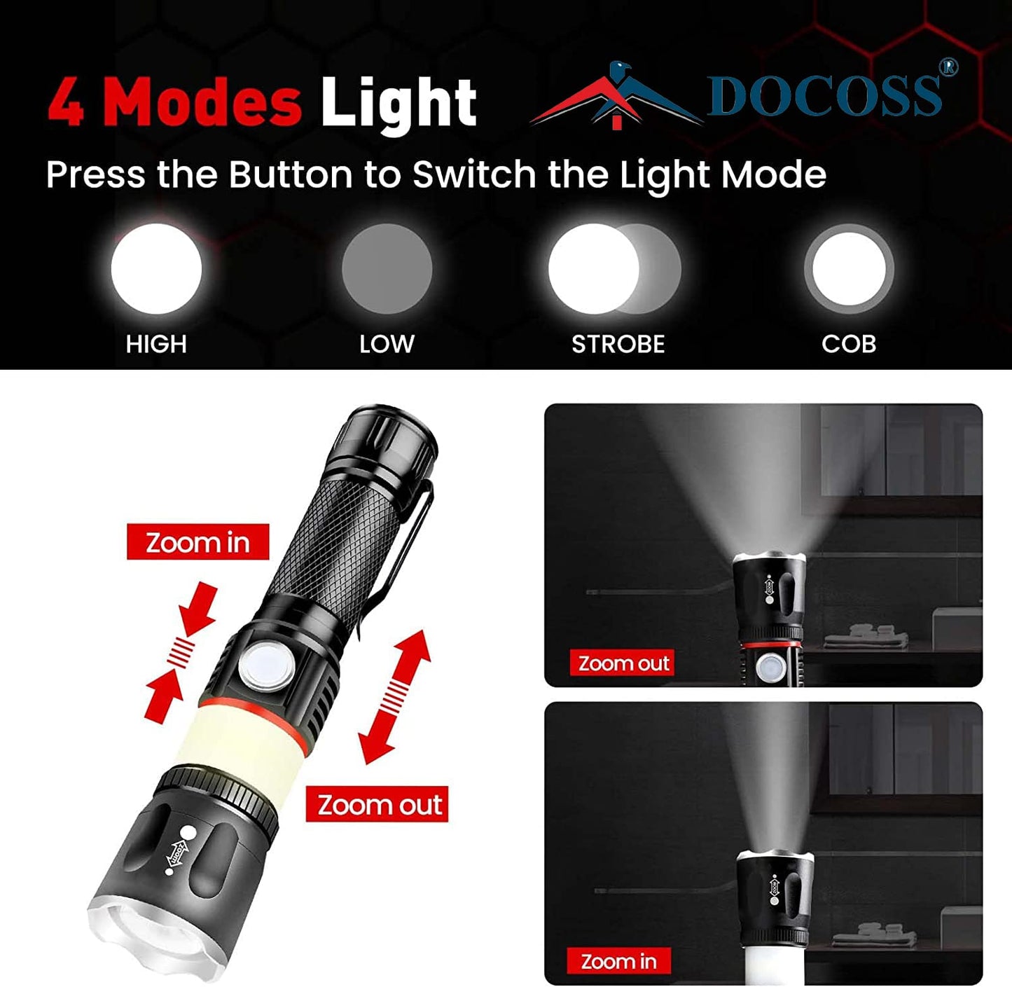 DOCOSS 2 in 1 Torch Lights Rechargeable Lights With Emergency Light /Chargeable Light With Lamp/ Camping light Flash Light (Black,Metal )