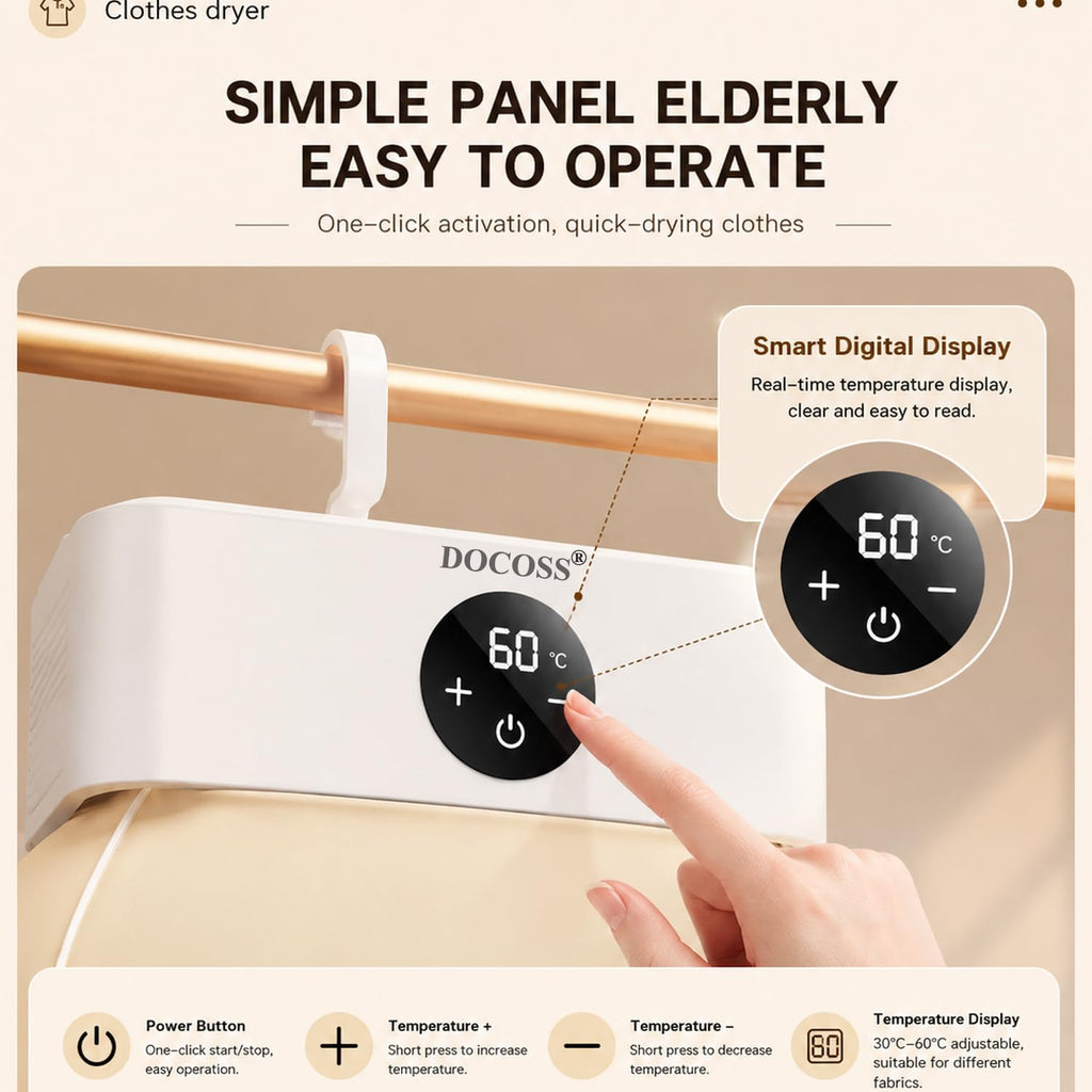 DOCOSS Hangable & Foldable Clothes Dryer Machine, Portable Electric Cloth Dryer/Warmer for Clothes, Monsoon Clothes Dryers with PTC Heating, Intelligent Timer