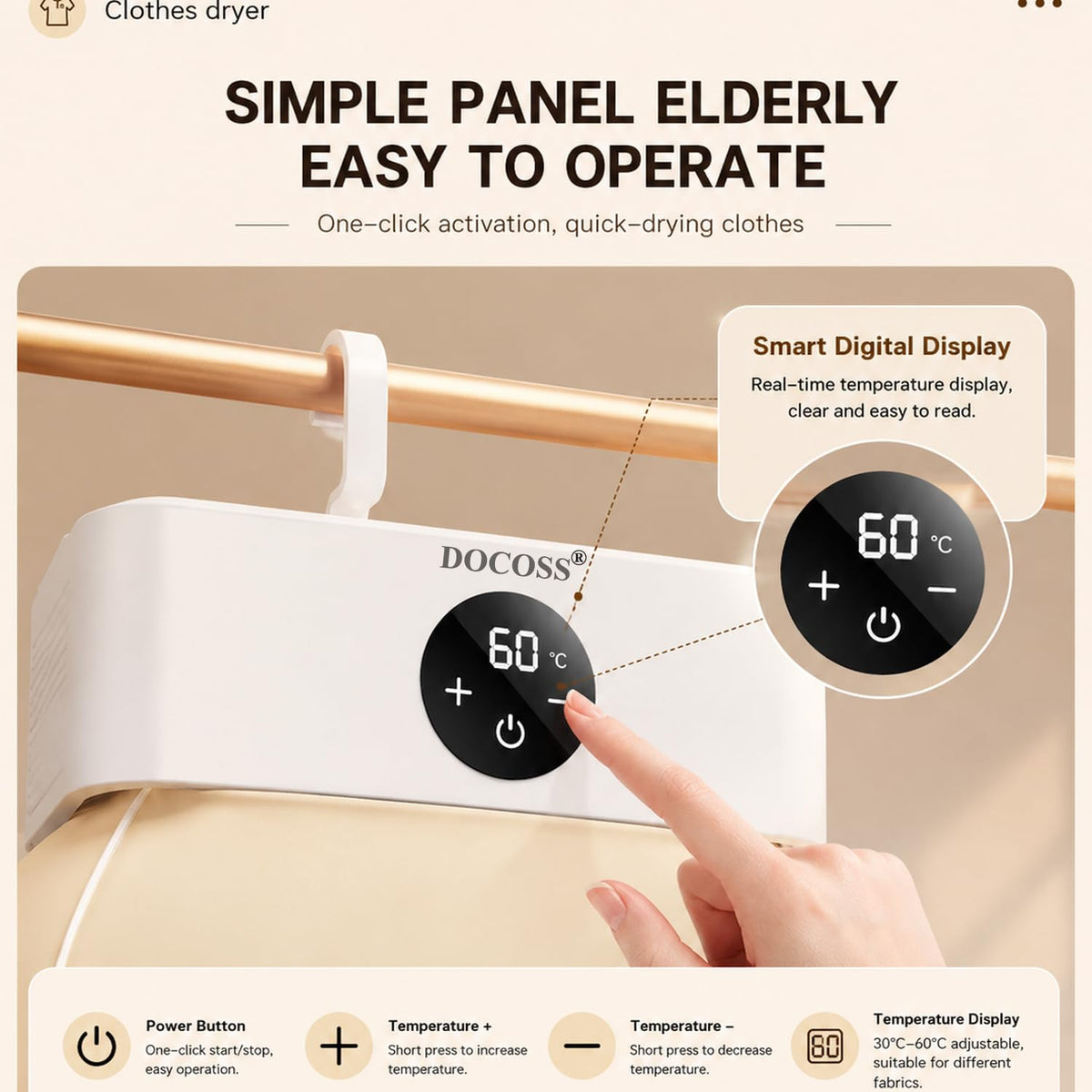 DOCOSS Hangable & Foldable Clothes Dryer Machine, Portable Electric Cloth Dryer/Warmer for Clothes, Monsoon Clothes Dryers with PTC Heating, Intelligent Timer