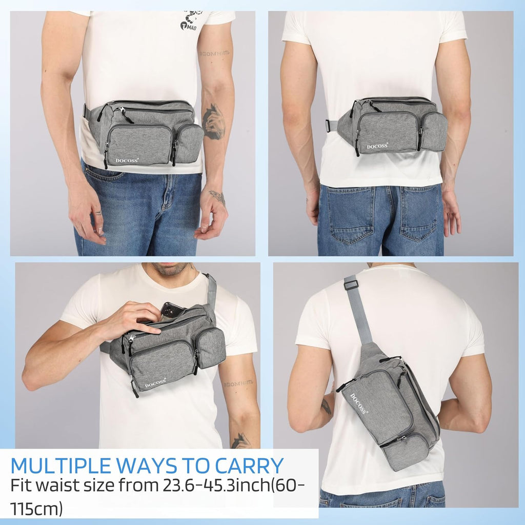 DOCOSS-Fanny Pack for Men,Women,Waterproof Waist Bag,1 RFID Safe Pocket,Premium Stitching & Zippers Travel Side Bag for Men,Women -Belt Bag with Extra Extendable Belt for Travelling