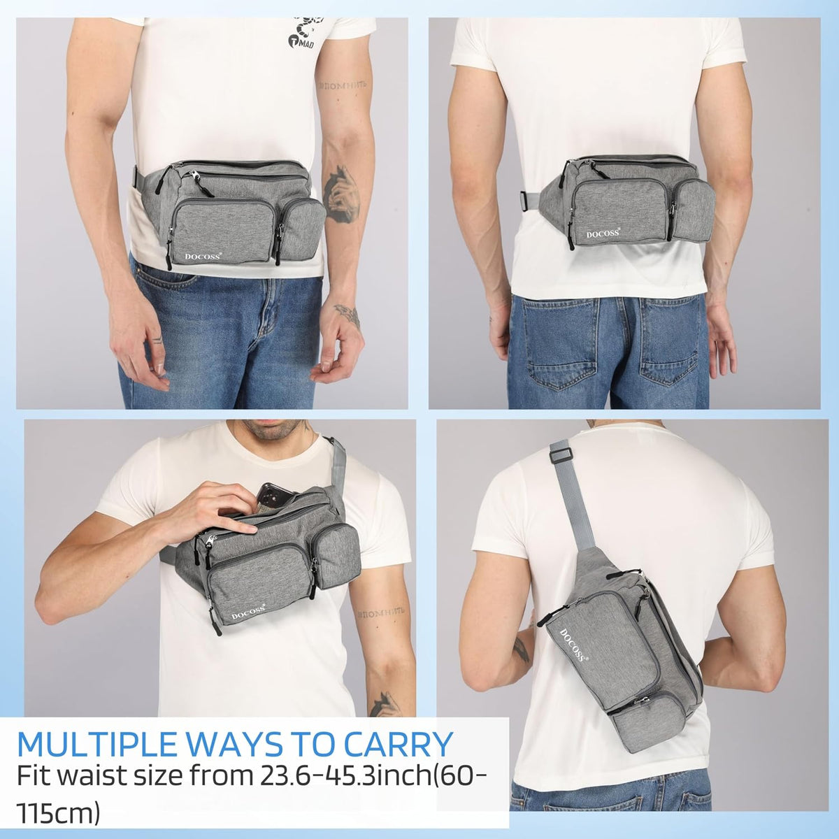 DOCOSS-Fanny Pack for Men,Women,Waterproof Waist Bag,1 RFID Safe Pocket,Premium Stitching & Zippers Travel Side Bag for Men,Women -Belt Bag with Extra Extendable Belt for Travelling