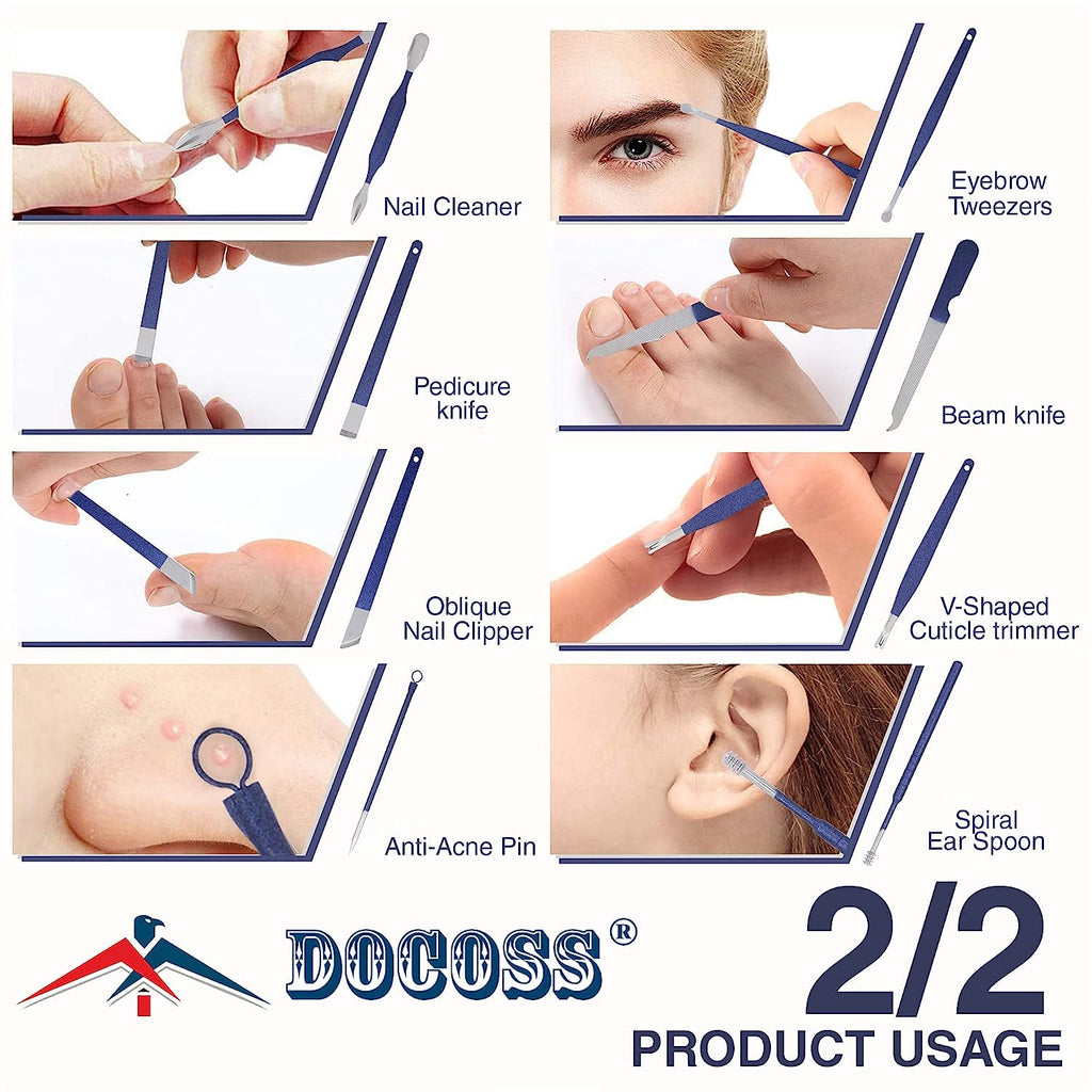 DOCOSS-12 IN 1 Manicure Set Pedicure Stainless Steel Proffesional Nail Cutter Nail Scissors Grooming Kit with Peeling Knife, Nail Cleaning Knife, Acne needle, Blackhead Tool With Leather Travel Case